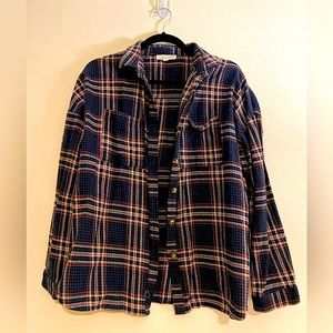 LA Hearts cozy flannel button down shirt (navy, orange/tan & white)